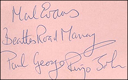 An example of the kind of autographs that most Beatles fans received during the touring years of The Beatles. Mal Evans would sign his own name and fake the Beatles signatures below it.
