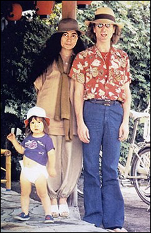 The Lennons in Japan. Left to right: Sean Lennon, Yoko Ono, John Lennon.