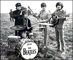 The Beatles on Salisbury Plain, near Stonehenge, filming their second feature film, Help! It was very, very cold and the lads shivered visibly during the filming.